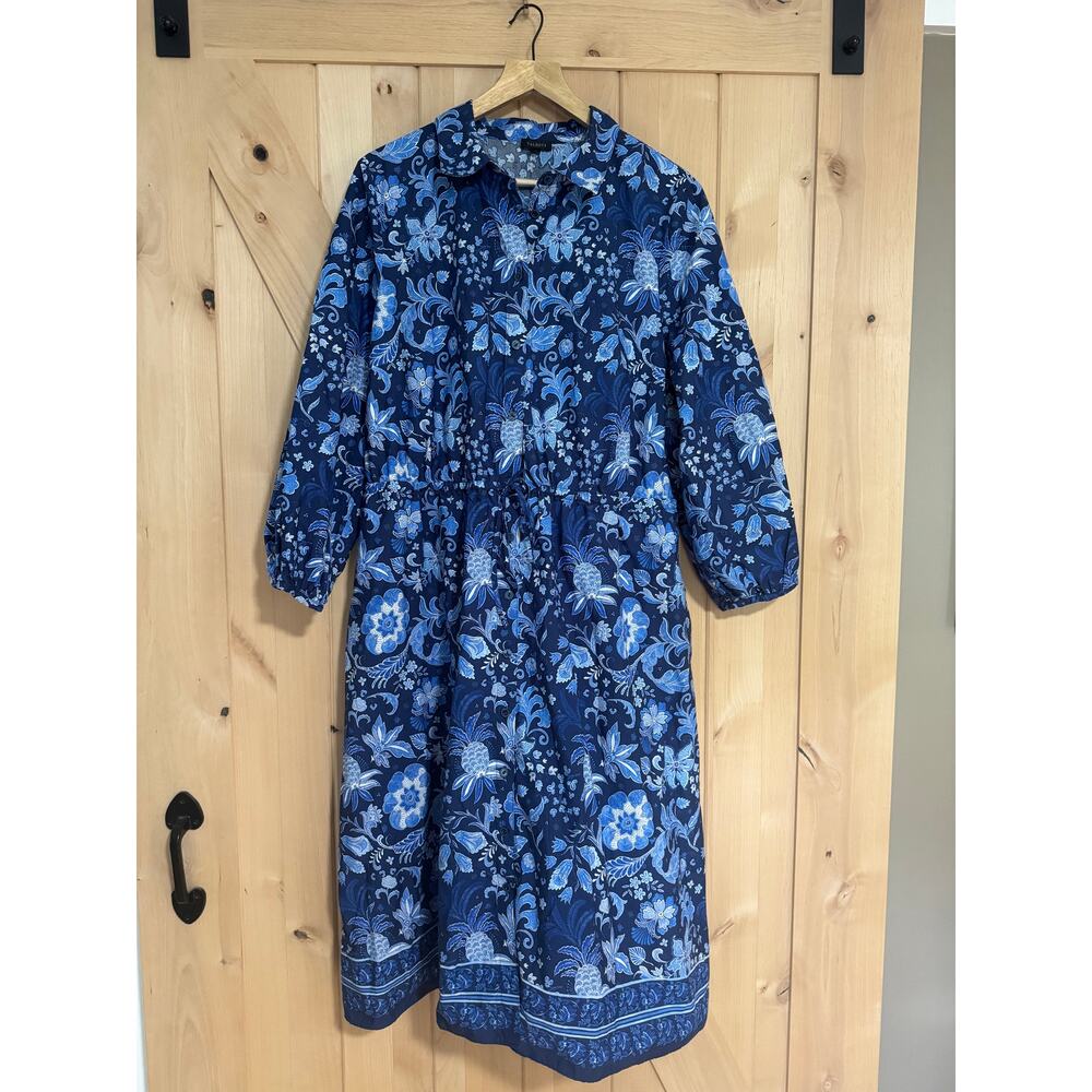 Talbots | NWOT Blue Cotton Whimsical Floral Tie Waist Midi Shirtdress | Size 16